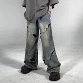 Threebooy Y2K Fashion Hollow Out Baggy Jeans Pants For Men Clothing Straight Wide Leg Old Denim Trousers Pantalon Homme
